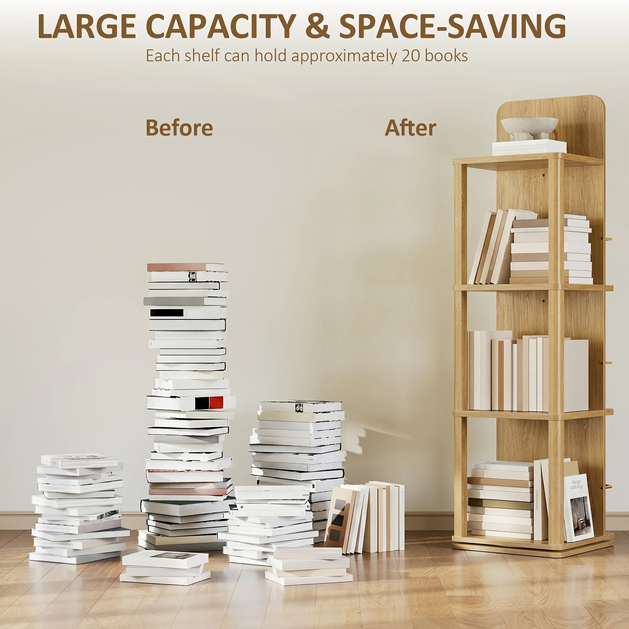 4-Tier Rotating Bookshelf Tower with 360° Spinning Shelves - Natural Oak Wood Freestanding Bookcase Suitable for Small Spaces