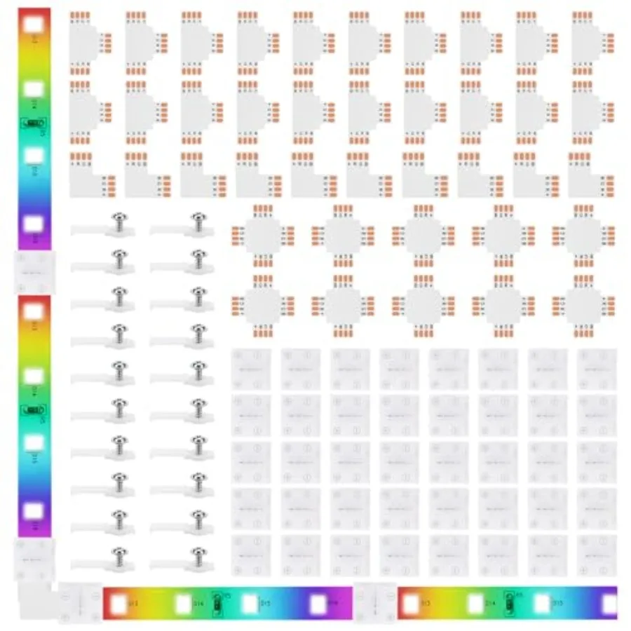 

4-Pin 10mm RGB LED Light Strip Connectors, 100 Pieces Solderless and Gapless Adapter Terminal, Incl. Screw Clips, Cuttable T, L