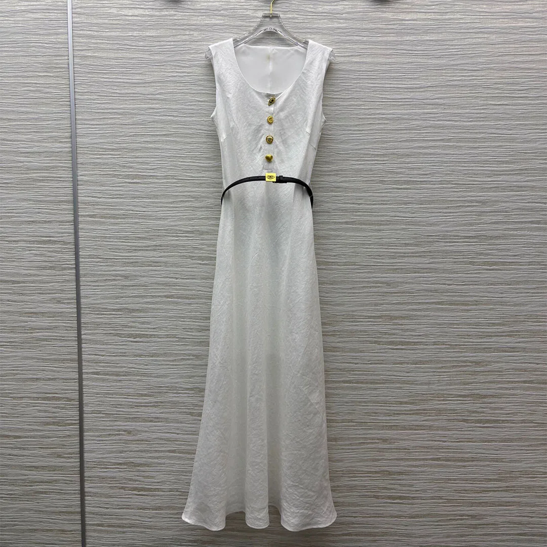 

2025 New Summer Cotton Linen Maxi Long Tank Dress Women O-neck Sleeveless Gold Buttons Slim Eye Belt High Quality Casual Dresses
