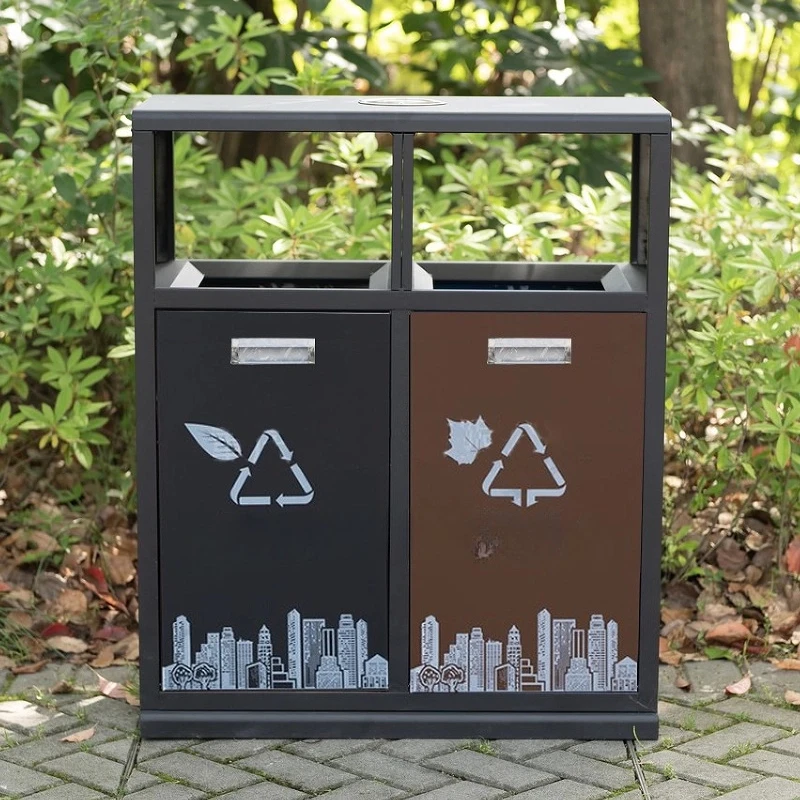 

Outdoor metal recycling trash cans with double compartments for use in parks, amusement parks, or street outdoor public spaces