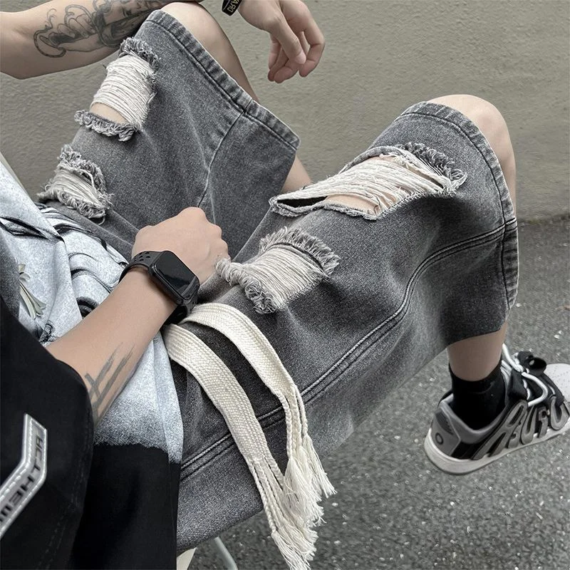 

Extra Large 300 Pou Ripped Denim orts Men Summer Trendy Five-Point Loose Pants Dstring Casual Straight Leg Jeans