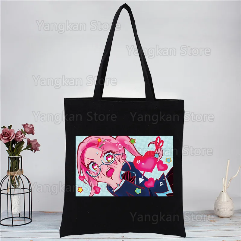 الغريبة المرحلة مخدر قابلة لإعادة الاستخدام طباعة قماش حمل حقائب سوداء Harajuku عادية أنثى فتاة حمل ايكو المتسوق حقائب كتف #4