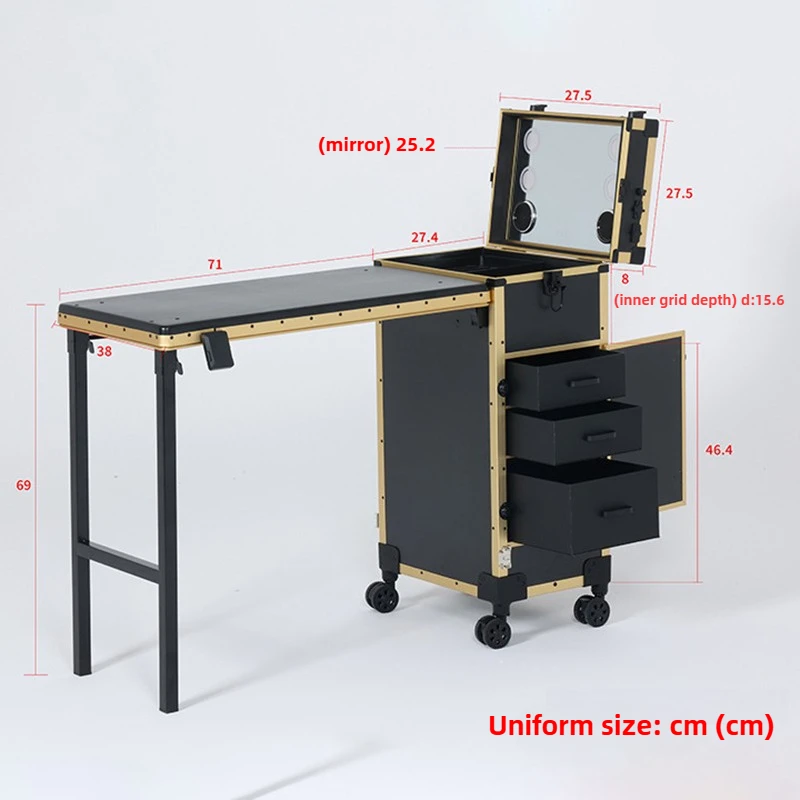 Custodia per trucco pieghevole con rotelle Tavolo per trucco mobile Specchio a LED Cassetti Bluetooth Scatola per cosmetici Custodia professionale per organizer