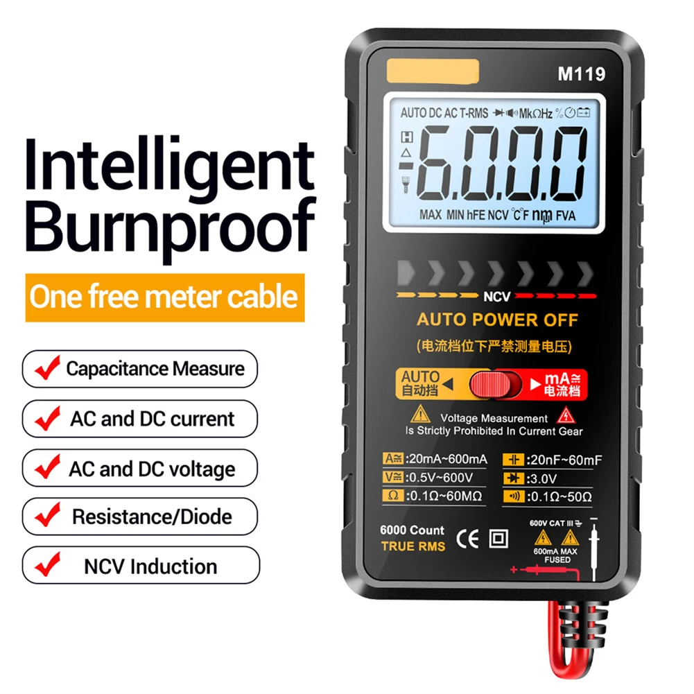 

For Aneng M119 Multimeter 6000 Count Digital AC DC Voltage Tester DC Current Meter Transistor Capacitor NCV Data Hold Tester
