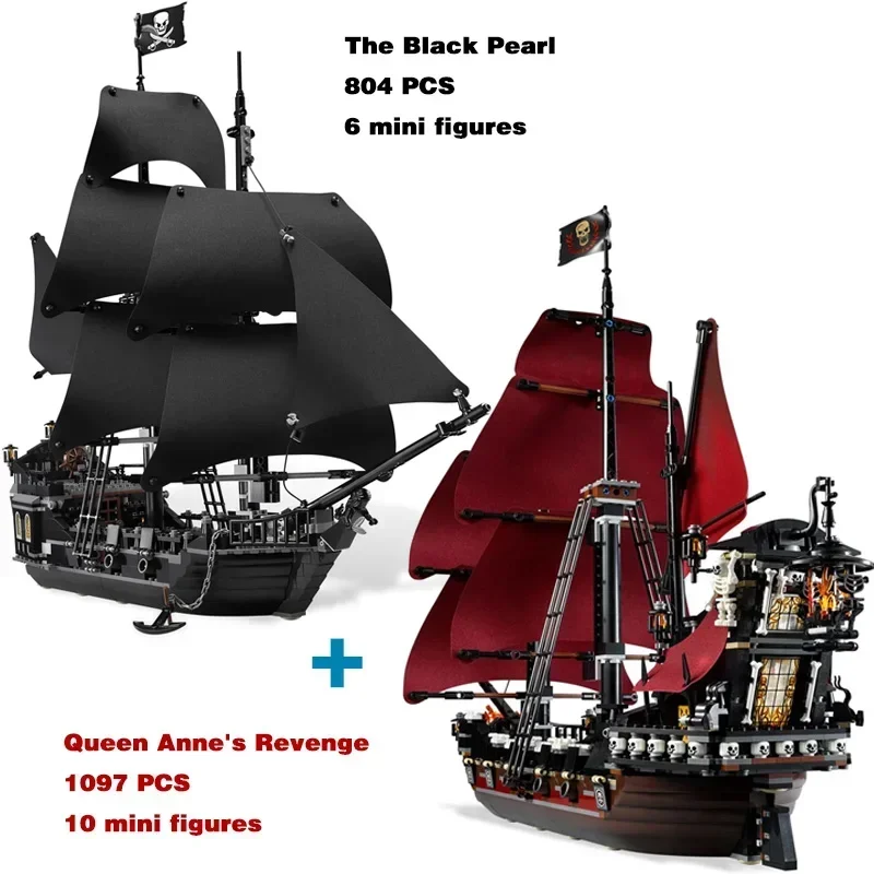 Pirates Of The Caribbean Ship Queen's Revenge Warship Black Pearl Sailboat Building Block Bricks MOC 4195 Assembly Toys Kid Gift