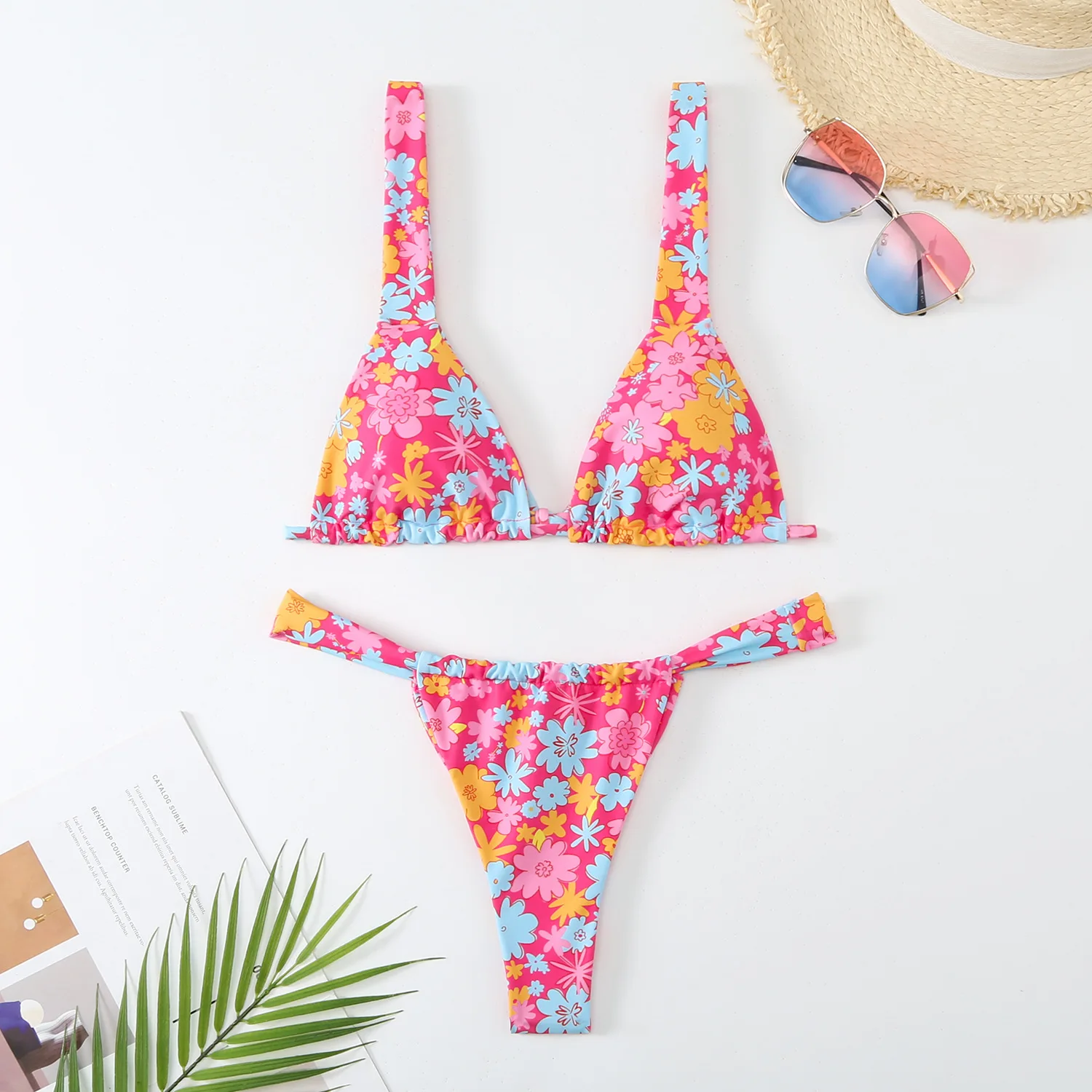 Bloemenprint Micro Bikini Set Sexy String 2-delig Badpak Voor Dames 2024 Zomervakantie Zwemset V-Hals Jarretel Badkleding