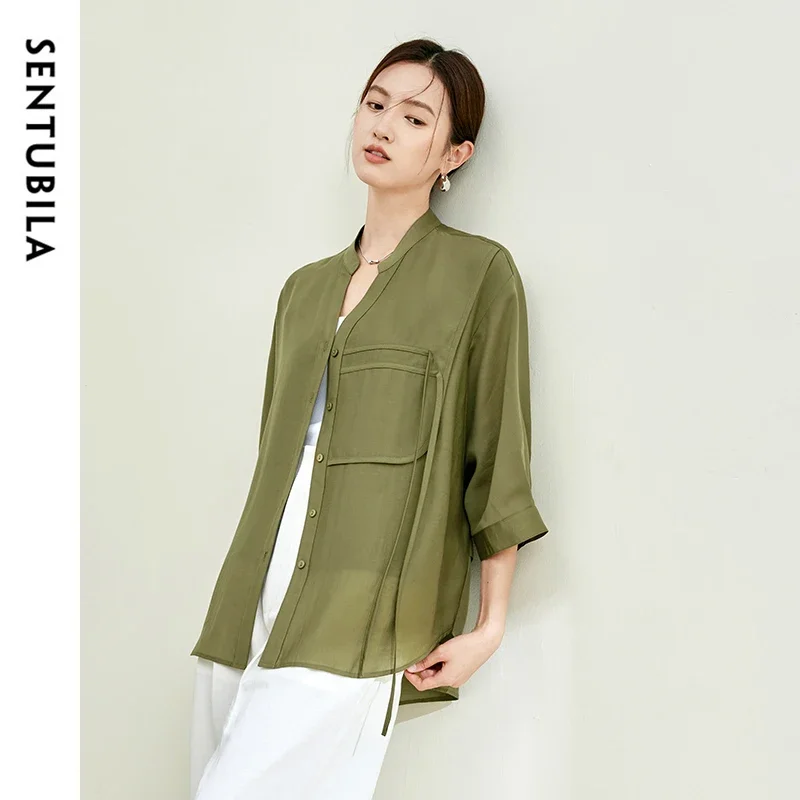 SENTUBILA Lyocell Retro Irregular Shirt for Women 2024 Autumn Loose V Neck Three Quarter Sleeve Simple Women Tops M43C57994X