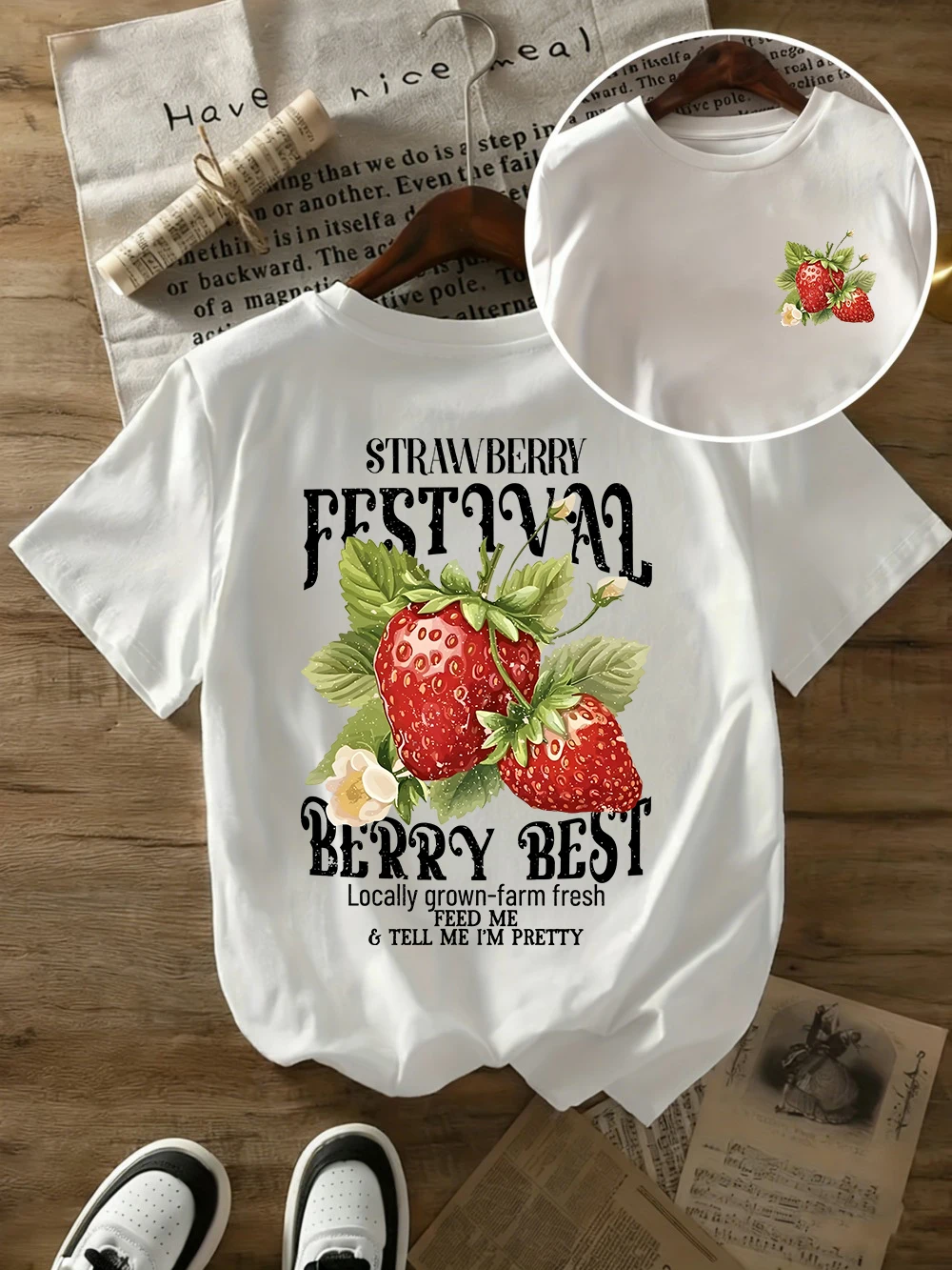 Strawberry Festival Best Bedruckte Baumwoll-T-Shirts für Damen, Sommer-Oversize-Tops, O-Ausschnitt, weiches Kurzarm-T-Shirt, Basic-Kleidung