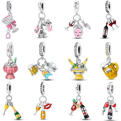 Alcohol Elements S925 Sterling Silver Beer Red Wine Champagne Wine Charms Beads 3mm DIY Fine Jewelry Making