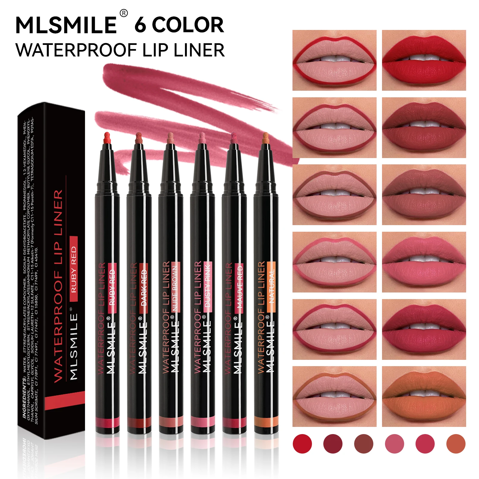 MLSMILE ดินสอเขียนขอบปากและลิปสติก 6 สี: ดีไซน์หัวปากกาที่เป็นเอกลักษณ์ กันน้ำ ติดง่าย ไม่ติดแก้ว ดินสอเขียนขอบปาก รุ่นใหม่ ปี 2025
