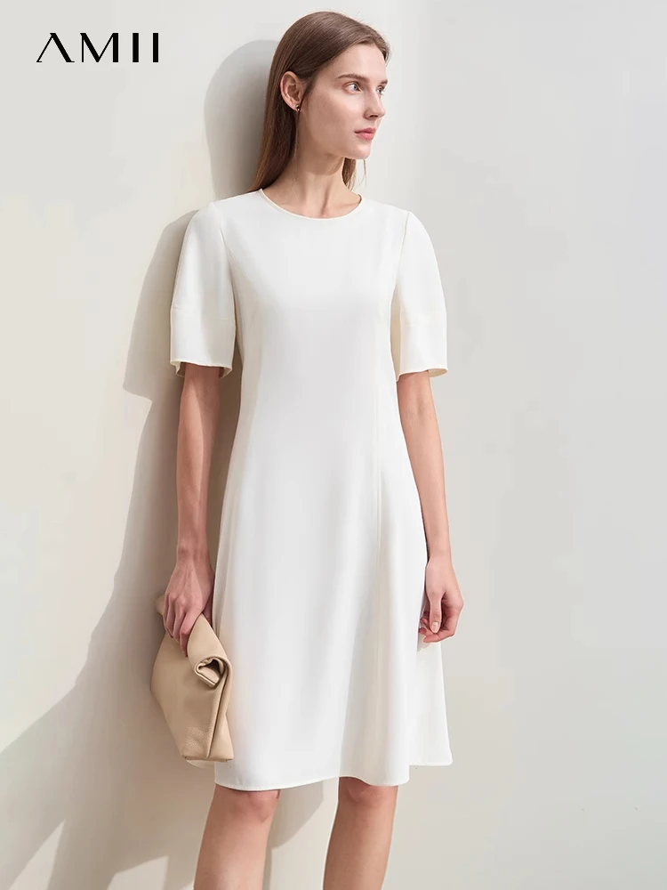 

Amii Minimalism Waist Dress For Women 2024 Summer New Elegant Commuter O-Neck Lantern Sleeve Chiffon Midi Lady Dresses 12422094