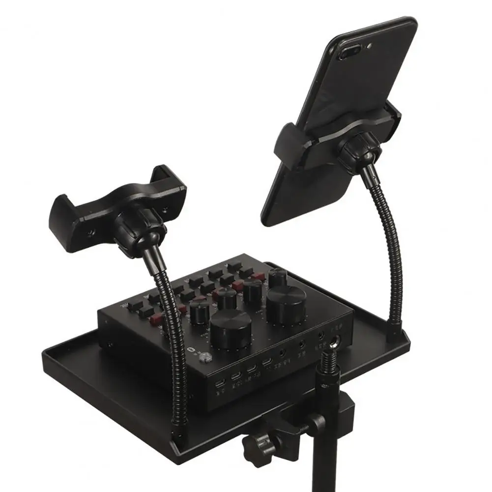 Microphone Stand Tray with Adjustable Phone Mount Universal Mic Stand Shelf Clip-on Phone Holder for Live Streaming Karaoke