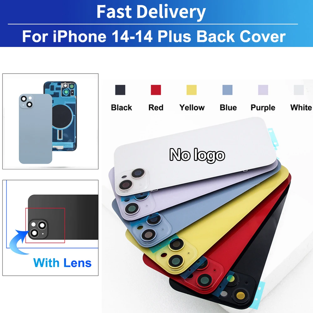 Für iPhone 14 Plus Serie Farbige Akku-Rückabdeckung Glaspanel Rückseite Gehäuse Kamerarahmen Objektiv Ersatz für iPhone 14