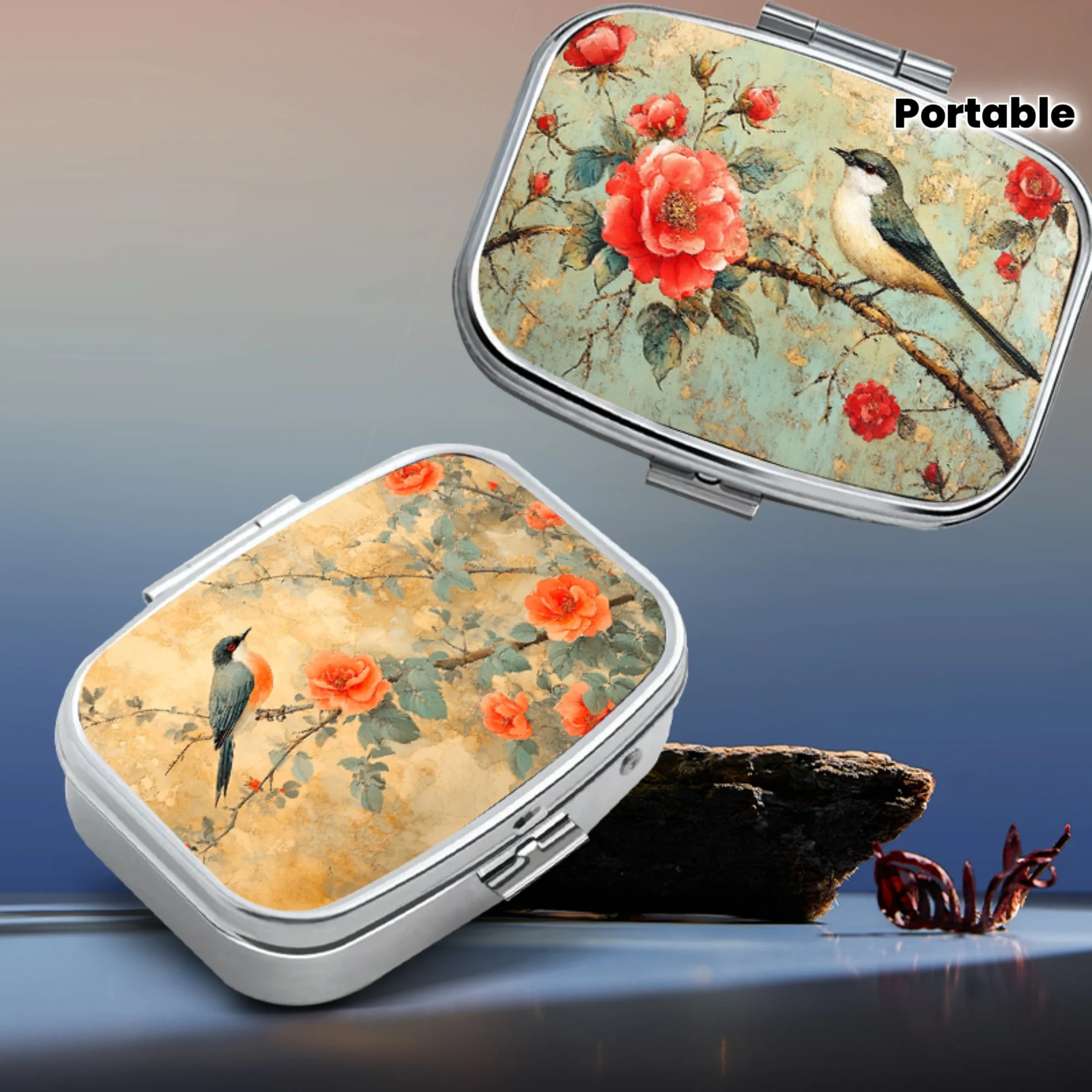 Hummingbird and Floral Design Metal Pill Box, Compact Round Medication Organizer with Mirror Lid, 2 Compartments, Portable for Travel