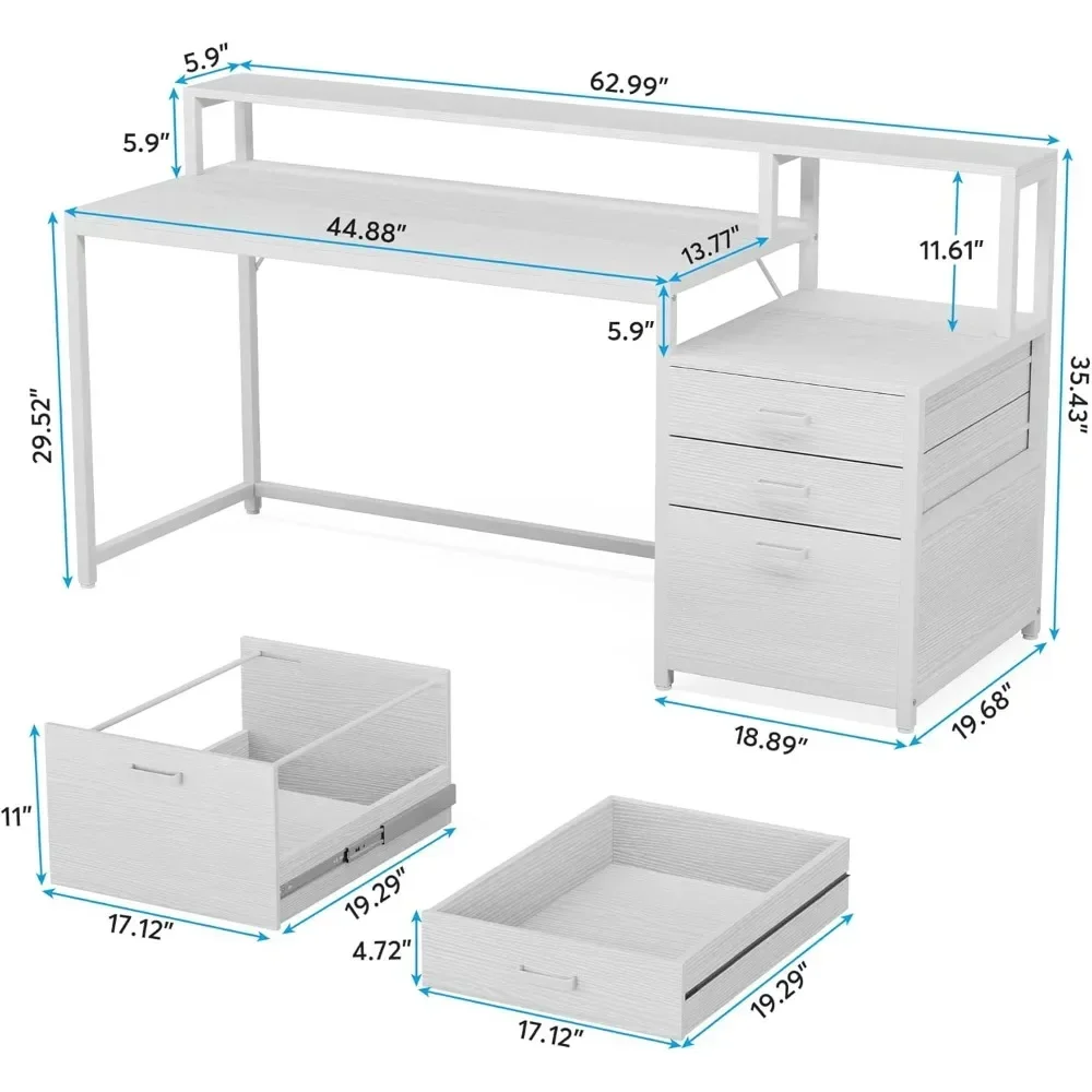 63 Inch Computer Desk with File Drawer Cabinet, Ergonomic Office Desk with Monitor Stand, Computer Table with Printer Space