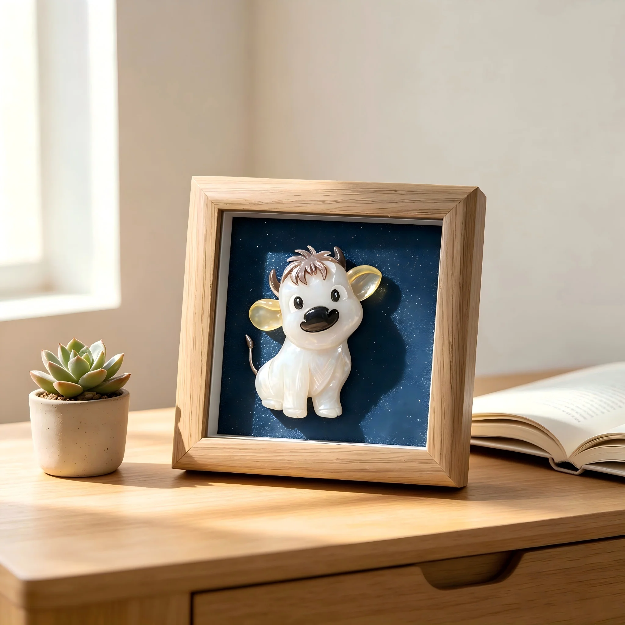 Hand-Carved Natural Shell Inlay Ox Framed Artwork, Cute Cow Desktop Ornament Handmade Shell Craft Home Decor Gift