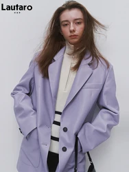 Blazer de couro roxo Lautaro-Chic para mulheres, manga comprida, peito único, roupas de grife elegantes, jaqueta de luxo, primavera