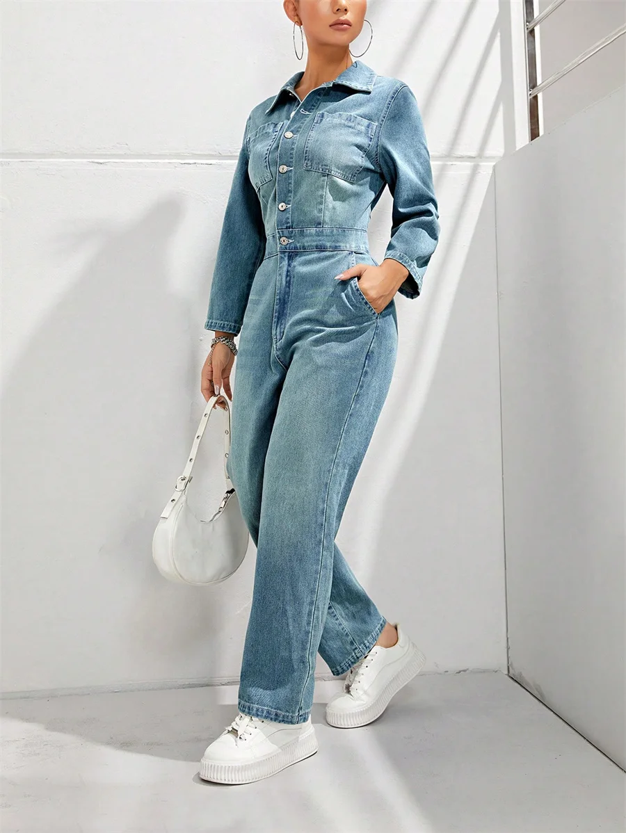 Benuynffy Jumpsuit Denim Retro wanita, Jumpsuit kaki lurus kasual pinggang tinggi setengah kancing, Jumpsuit Denim cuci Amerika musim gugur dengan saku