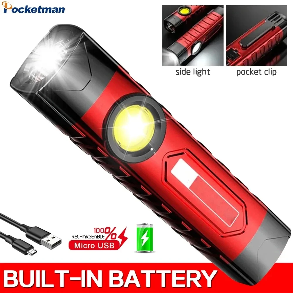 Portable LED Flashlight USB Rechargeable Lantern Pocket Hand Light Mini Torch with Side Light Built-in Battery Outdoor Camping