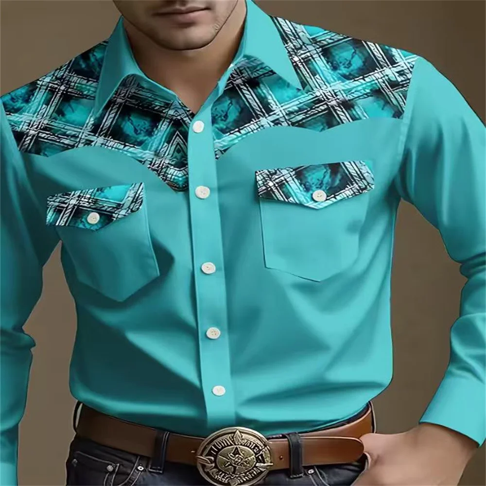 2025 Camisa de vaquero Western negra de manga larga con patron القبلية الفقرة hombre، أوتوندو الفقرة أدواتينز الغربية، camisa