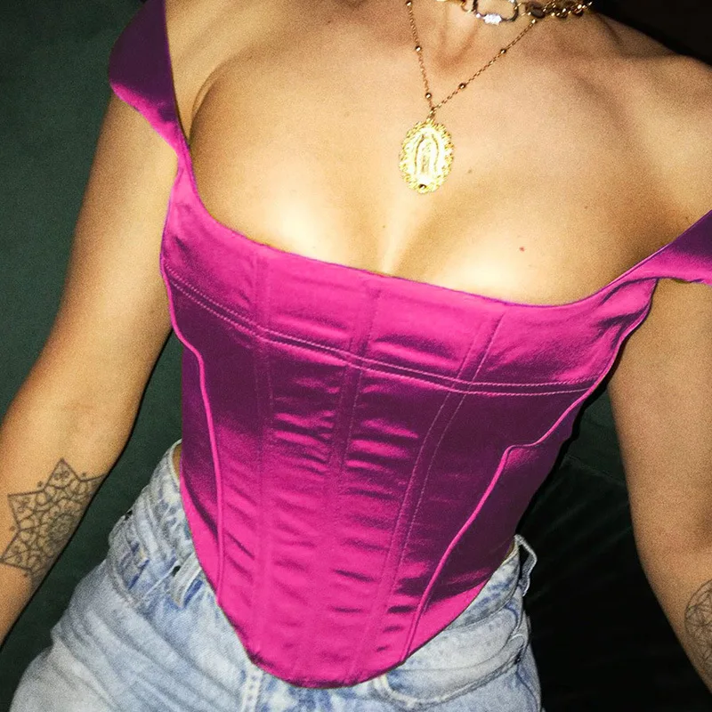 Elegant Satin Boned Corset Top for Women Summer Sleeveless Backless Square Collar Cropped Tops Club Party Tunic Sexy Tank Top