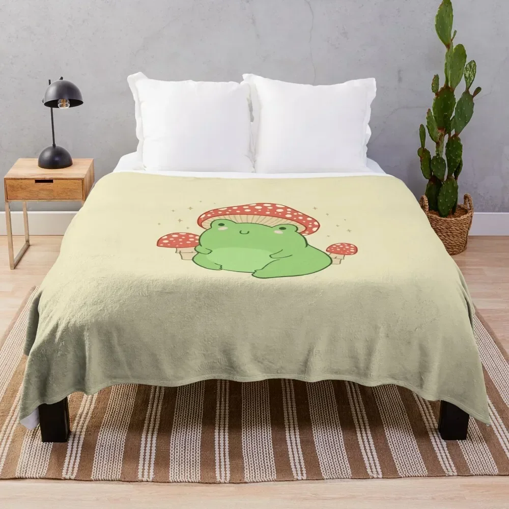 Kawaii Frog with Mushroom Hat and Toadstools - Cottagecore Aesthetic Froggy - Chubby Amanita Muscaria Forest Theme Throw Blanket