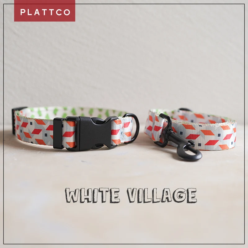 PLATTCO  removable dog collar leash set WHTTE VILLAGE adjustable nylon print pet collar for small medium large dog 5 size PDC330