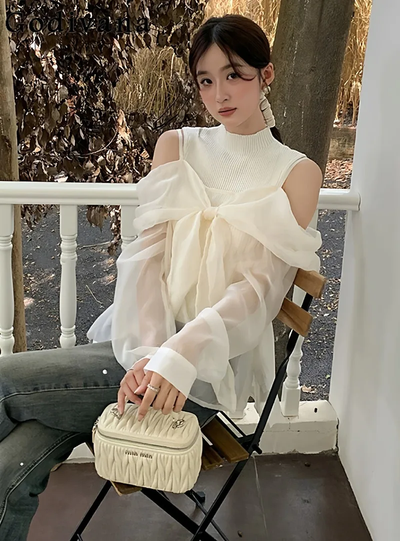 

Japanese Style Sweet Cute Girl Off-shoulder Knitting Tops 2026 Spring New Pure Desire Style Easiest for Match Long Sleeves Shirt