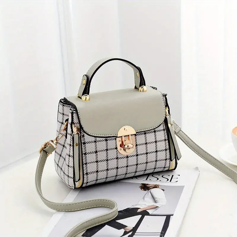 Plaid Pattern Handbag, Women\'s Buckle Decor Flap Purse, Fashion PU Leather Crossbody Bag