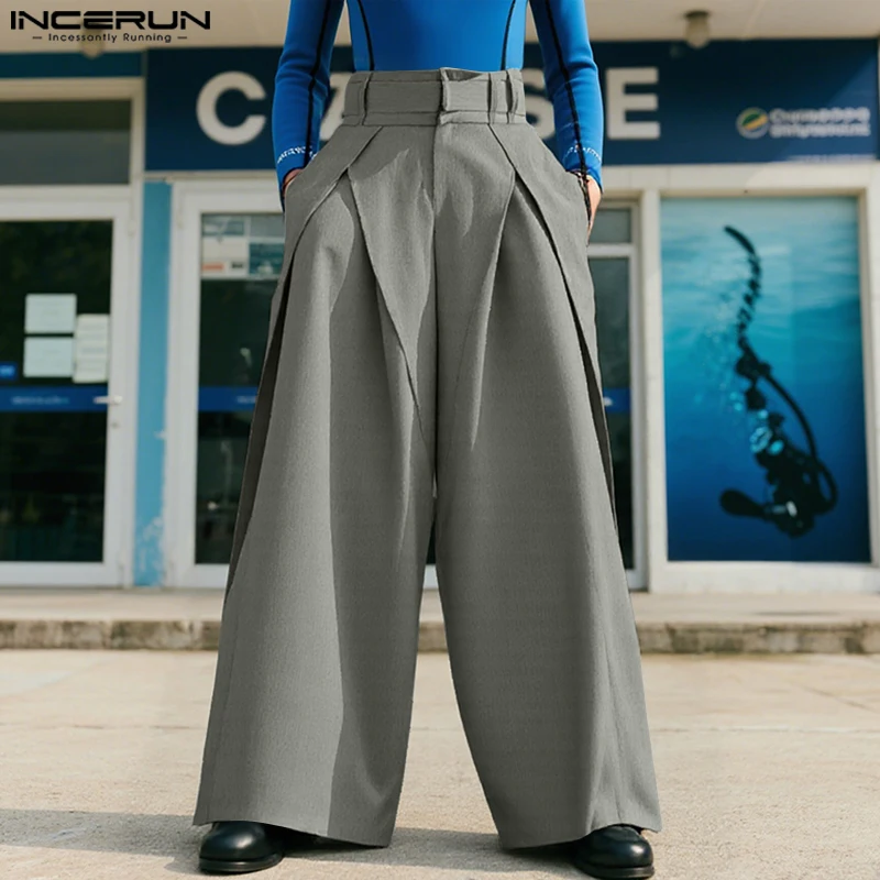 INCERUN Men Wide Leg Pants Solid Color Joggers Button Loose Casual Straight Trousers Men Streetwear 2025 Fashion Male Long Pants