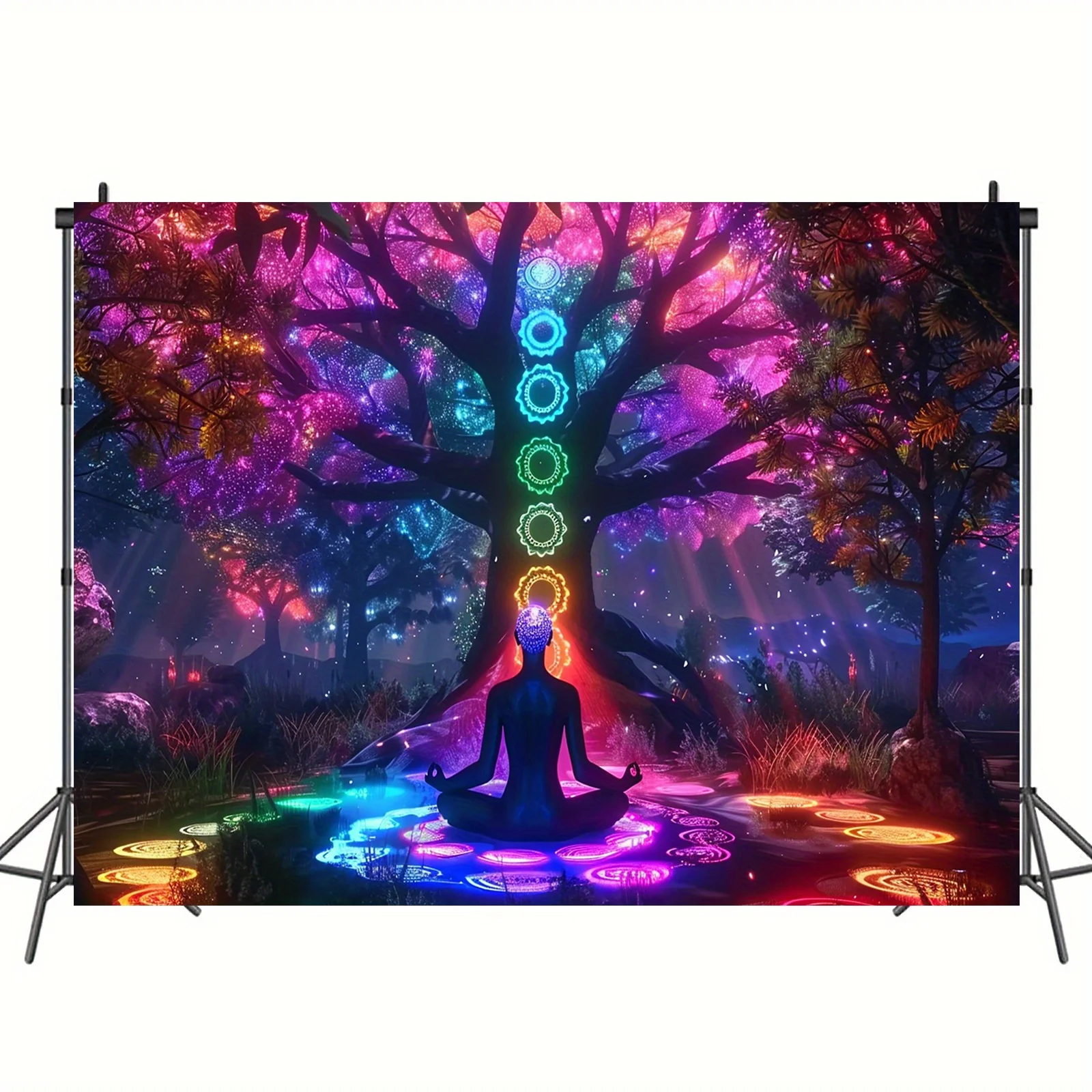 Chakra Meditation Silhouette Galaxy Tree Yoga Art 2D Flat Tapestry Backdrop For Yoga Studio Decor Spiritual Wall Hanging