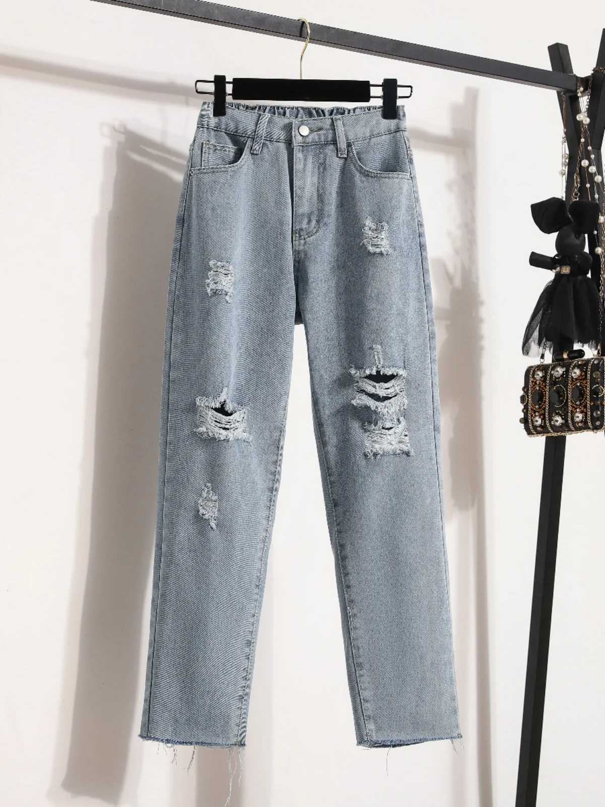 

Waed Ripped Loose Fit Thin Summer Denim Jeans for Men Straight Leg Casual Sle mid Waist Nine Points Trendy Brand