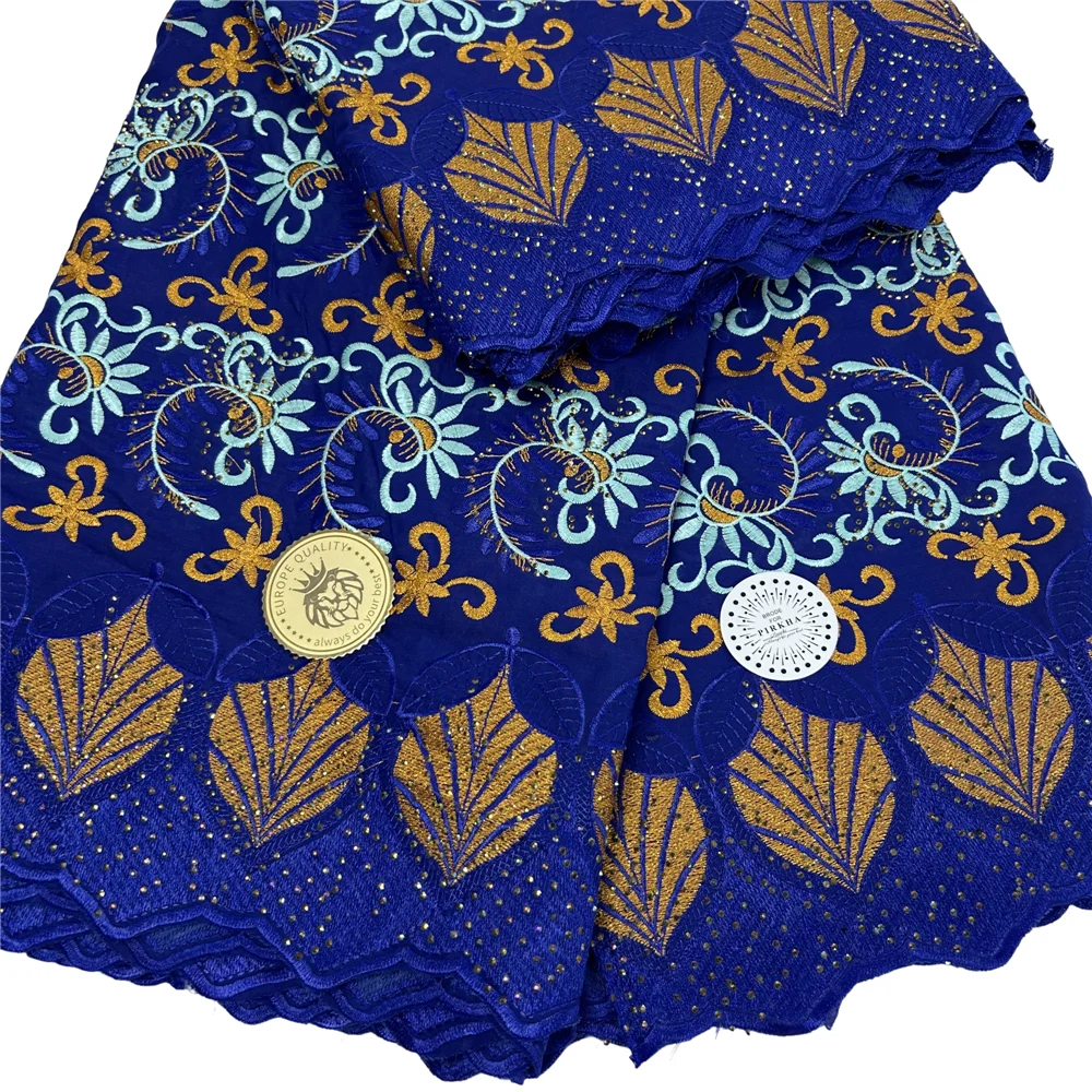 New 5 Yards Royal Blue Nigerian Lace Fabric Embroidery 100% Cotton Swiss Voile Lace With Stones For Clothing Materials 15A32