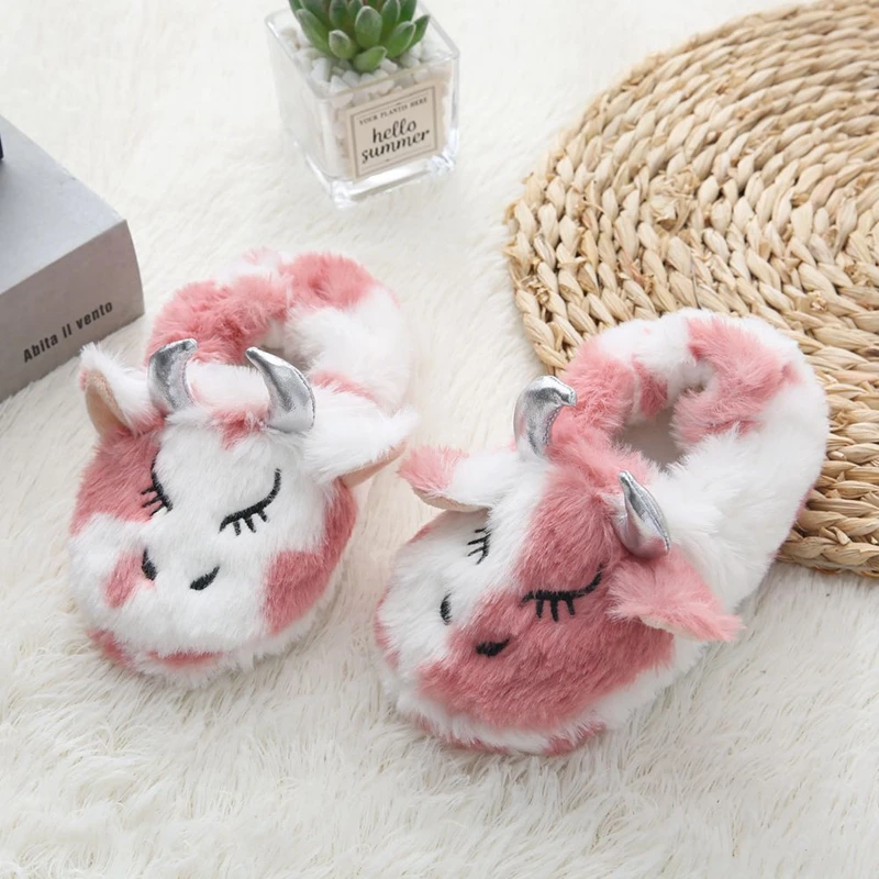 Fashion Toddler Girls Slippers for Winter Children Plush Warm Cartoon Caw Home Shoes Little Kid House Footwear Indoor Baby Items