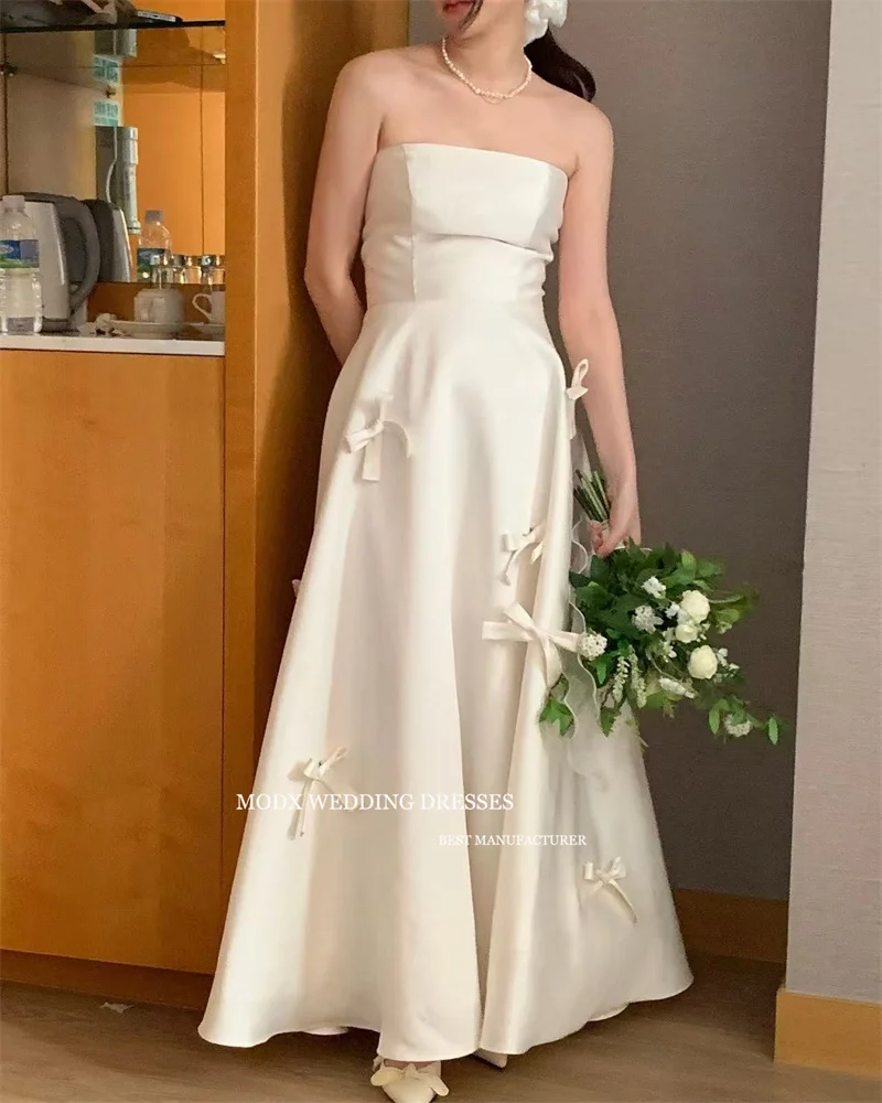 MODX Simple White Wedding Dress A-line Strapless Ribbon Decoration Korean Photography Wedding Formal Bridal Gowns Customized