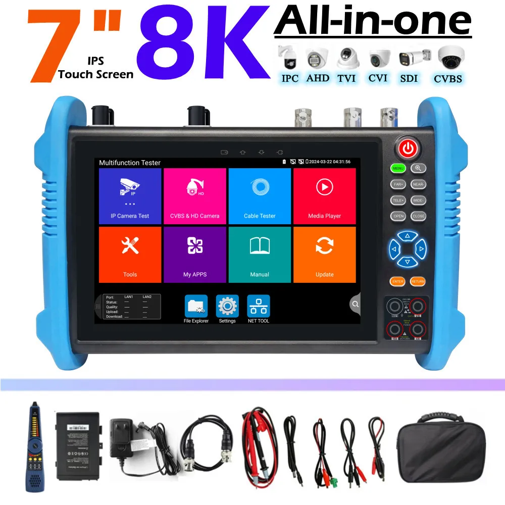 Upgraded 8K IP Camera Tester CCTV Tester 7 inch Touchscreen 8MP TVI CVI AHD SDI CVBS Test SFP 90W PoE Power RJ45 Cable Tester