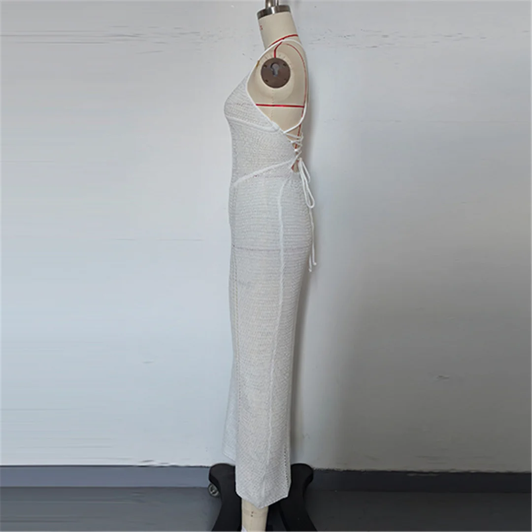 V-Ausschnitt, überkreuzter Rücken, ausgeschnittenes, gehäkeltes, gestricktes Tunika-Strandkleid, Strandkleid, Strandmode, Damen V7122 – Detail 4