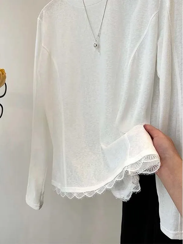 بلوزة نسائية طويلة بتصميم أنيق مع تطريز دانتيل، قميص أبيض نحيف بتصميم كوري، سترة دائرية الرقبة