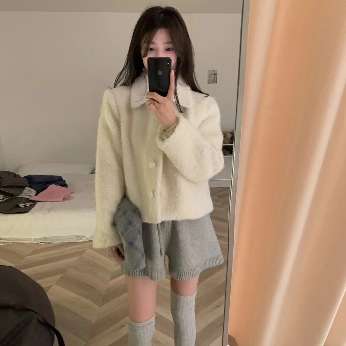 

Korean Sle Cute Fluffy ort Coat Collar Versatile Little Fraance Sle Jaet Sweet Youthful Appearance Ladies' Outerwear