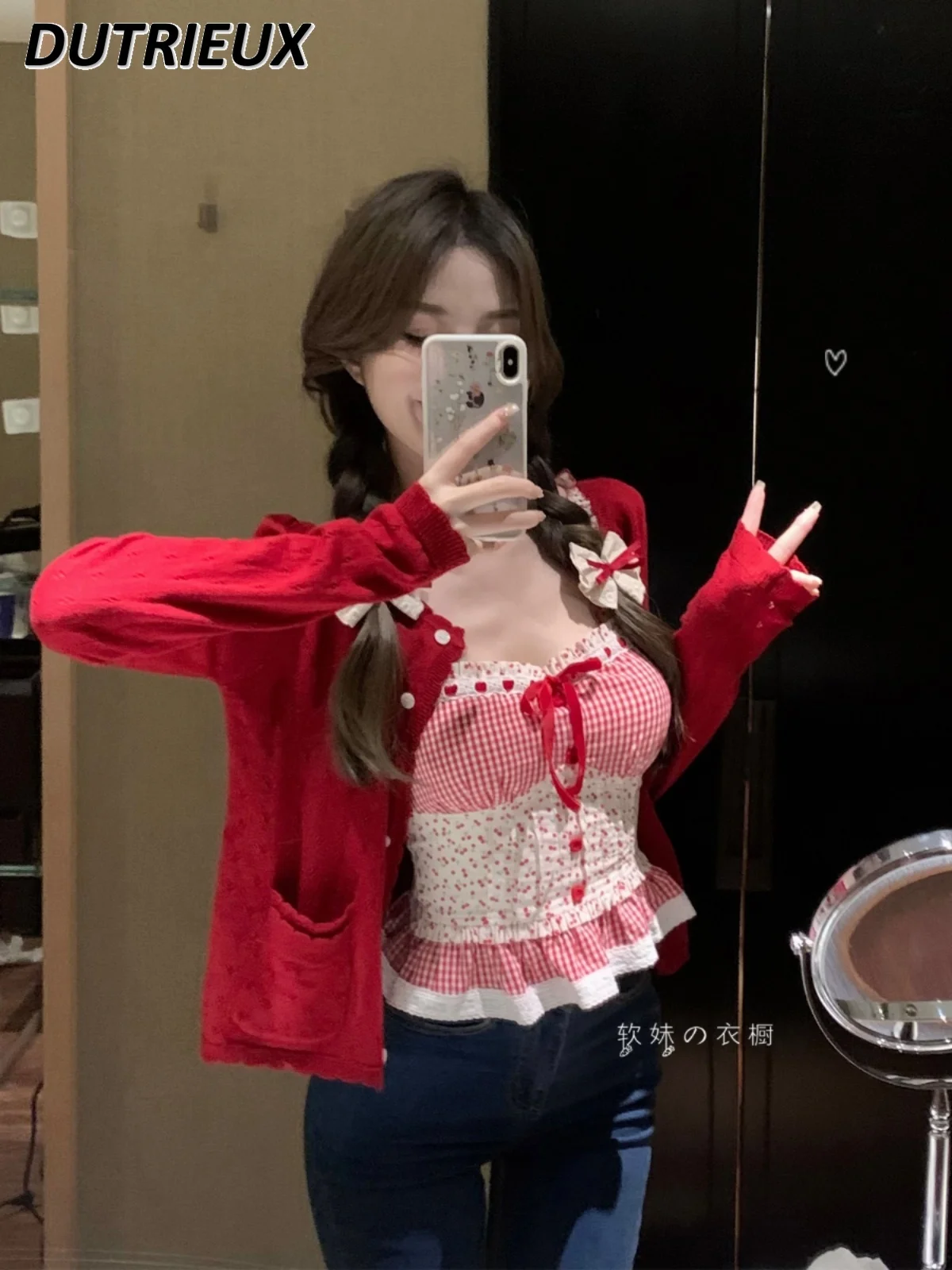 Sweet Girls Polka Dot Print Outerwear Camisole Crop Top Red Long Sleeve Single-Breasted Knitted Cardigan Coat for Women