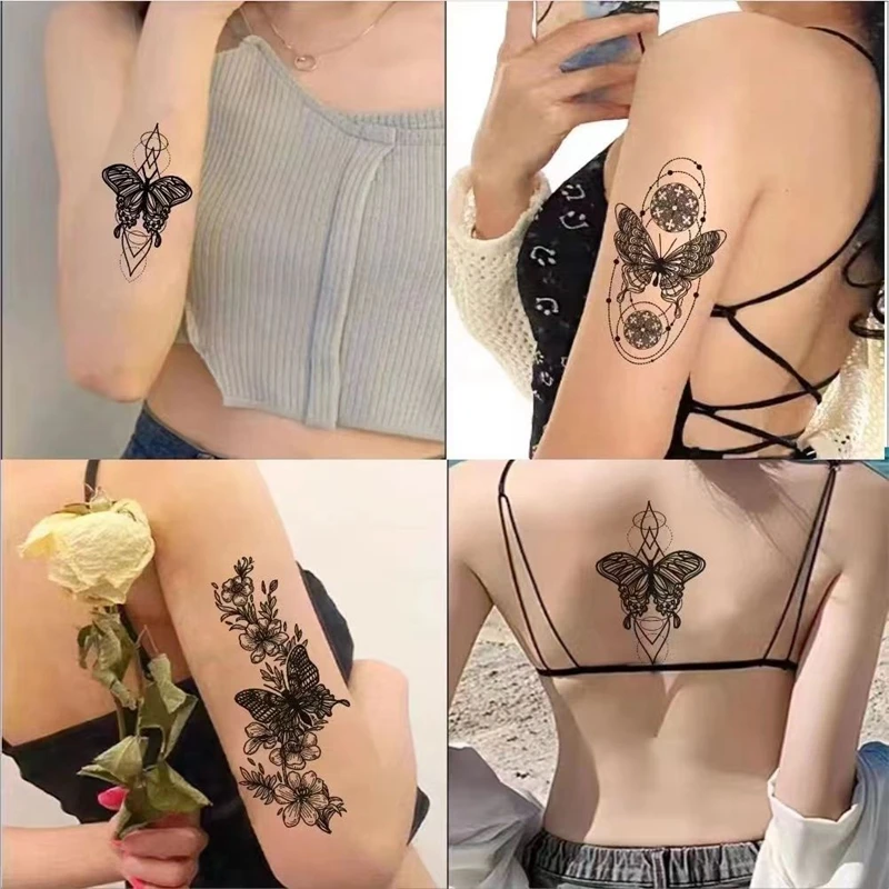 30pc/Set Fringed Butterfly Tattoo Sticker Female Waterproof Lasting Sketch Fake Tattoo Clavicle Arm Hot Girl Dark Faux Tatouage