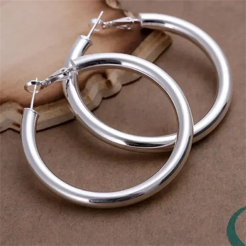 

925 Sterling Silver Earrings Fashion Pretty Nice Women Party 5CM Round Jewelry Big Circle Lady Wedding