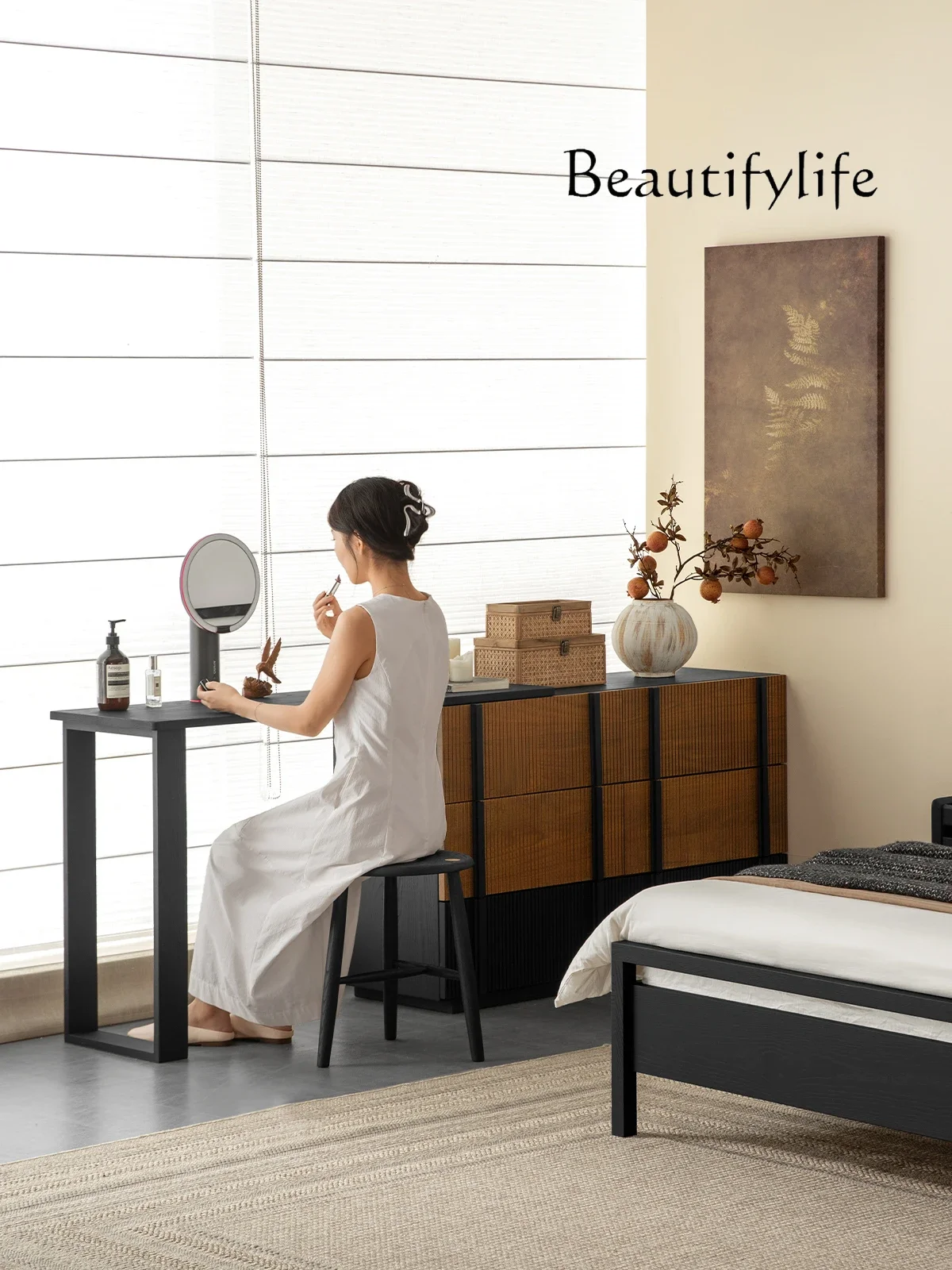 

BJ Dresser Teak, Solid Wood Chest Integrated Bedroom Retractable Corner Makeup Table Designer Model