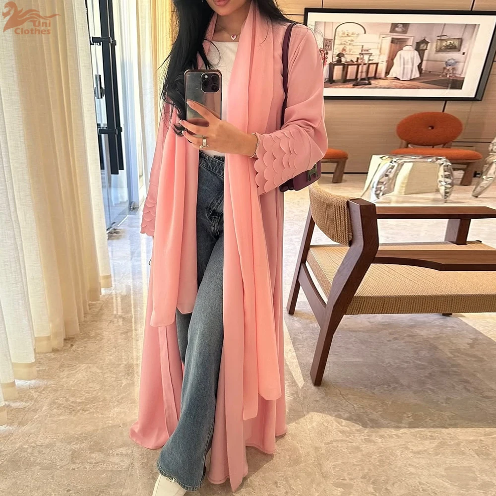 Uni Ramadan Dubai Rosa Chiffon Offene Abaya mit Hijab inklusive lockerer Ärmel muslimischer Strickjacke Marokkanischer Kaftan für Frauen