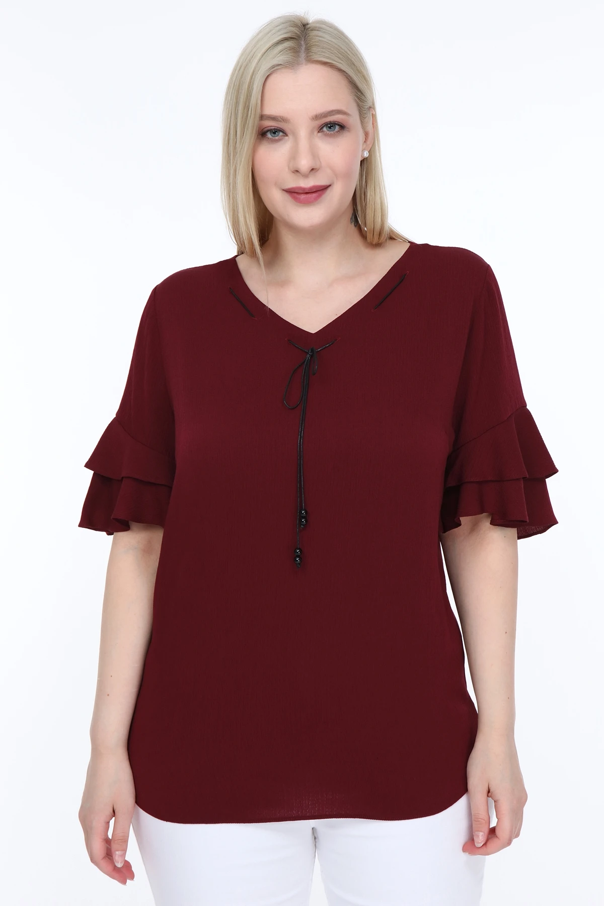 Lir Women Large Size Flounces sleeve Blouse Burgundy L2319