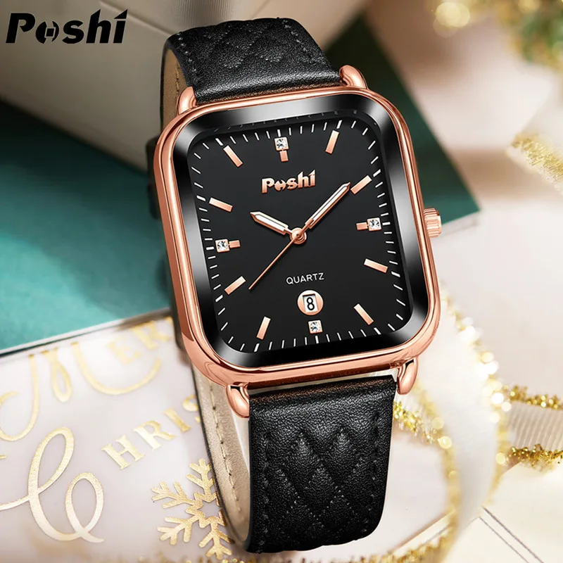 女性用スクエアクォーツ時計,高級時計,レザーブレスレット,カレンダー,耐水性,ギフト