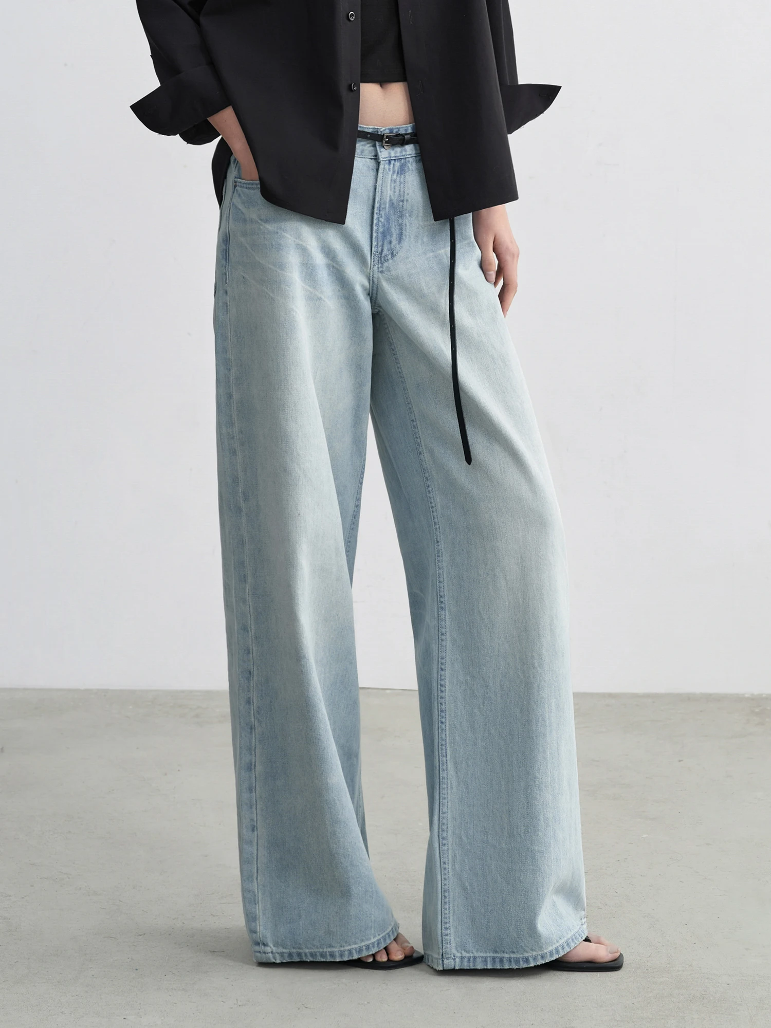 

Low Waist Straight Leg Distred Waed Blue Jeans Wide Leg Pants Versatile Light Blue Coast HaveRice Women's Denim Jeans