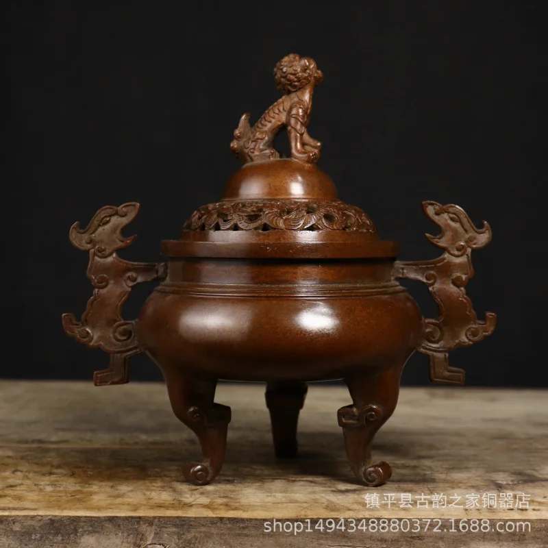 Pure Copper Dragon Lion Double Ear Raised Incense Burner Ornament Craft Gift