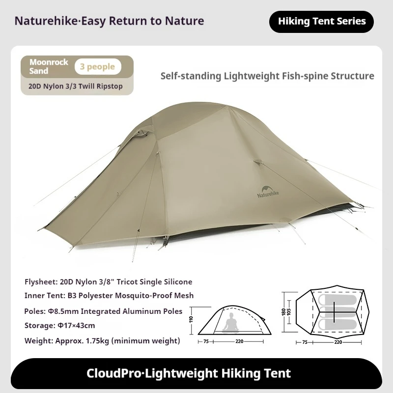 Naturehike Cloud Up PRO Hiking Tent Portable 3 People Outdoor Tent For  Camping 20D Nylon Hiking Tent Waterproof Lightweight Tent - AliExpress 18