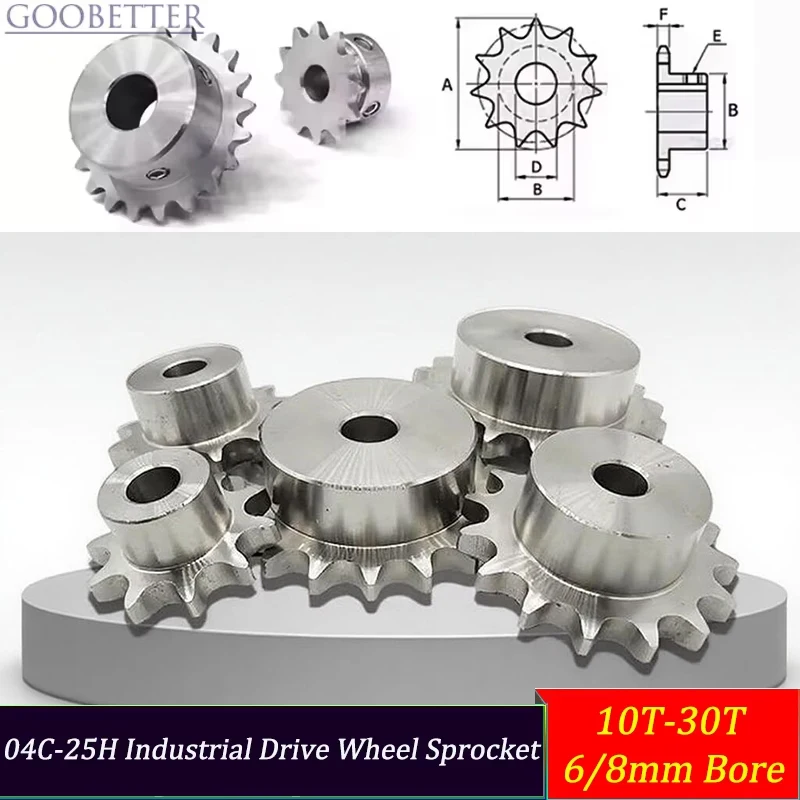 

04C-25H Industrial Drive Wheel Sprocket 10-30T Chain Gear 304 Stainless Steel 6/8mm Bore for Conveyor Packaging Machine